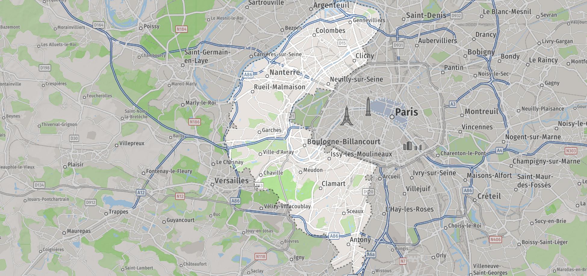 Carte des Hauts-de-Seine : zone d'intervention pour travaux d'élagage Big Arbre 