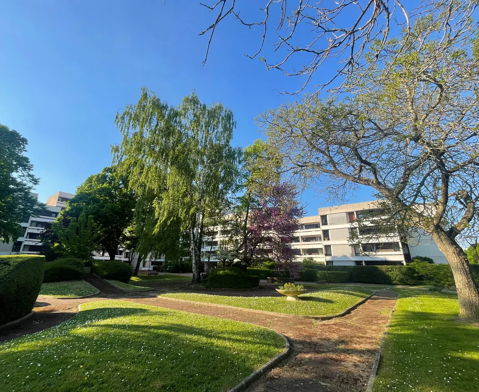 Espace vert en copropriété avec arbres adultes, cheminements piétons et plantations nécessitant une gestion arboricole adaptée